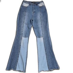Almost Famous Patchwork Flare Jeans 9 Two Tone Denim Wide Leg Raw Hem Y2K Retro